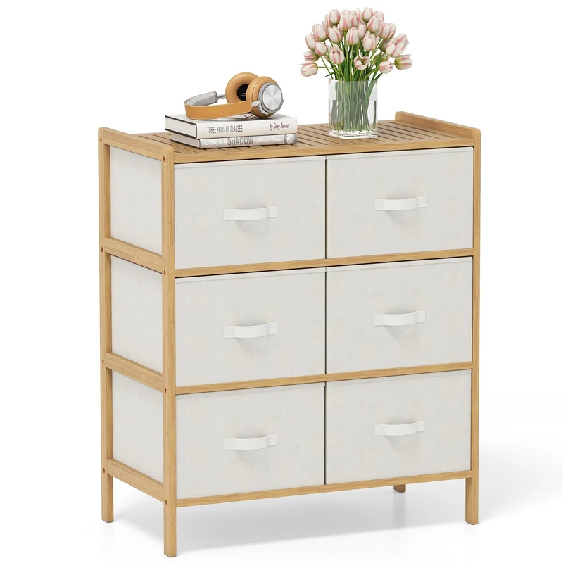 FANTASK Bamboo Chest of Drawers, Drawer Cabinet with 6 Foldable Fabric Drawers & Top Shelf, Small Commode Cabinet for Bedroom, Hallway, Natural