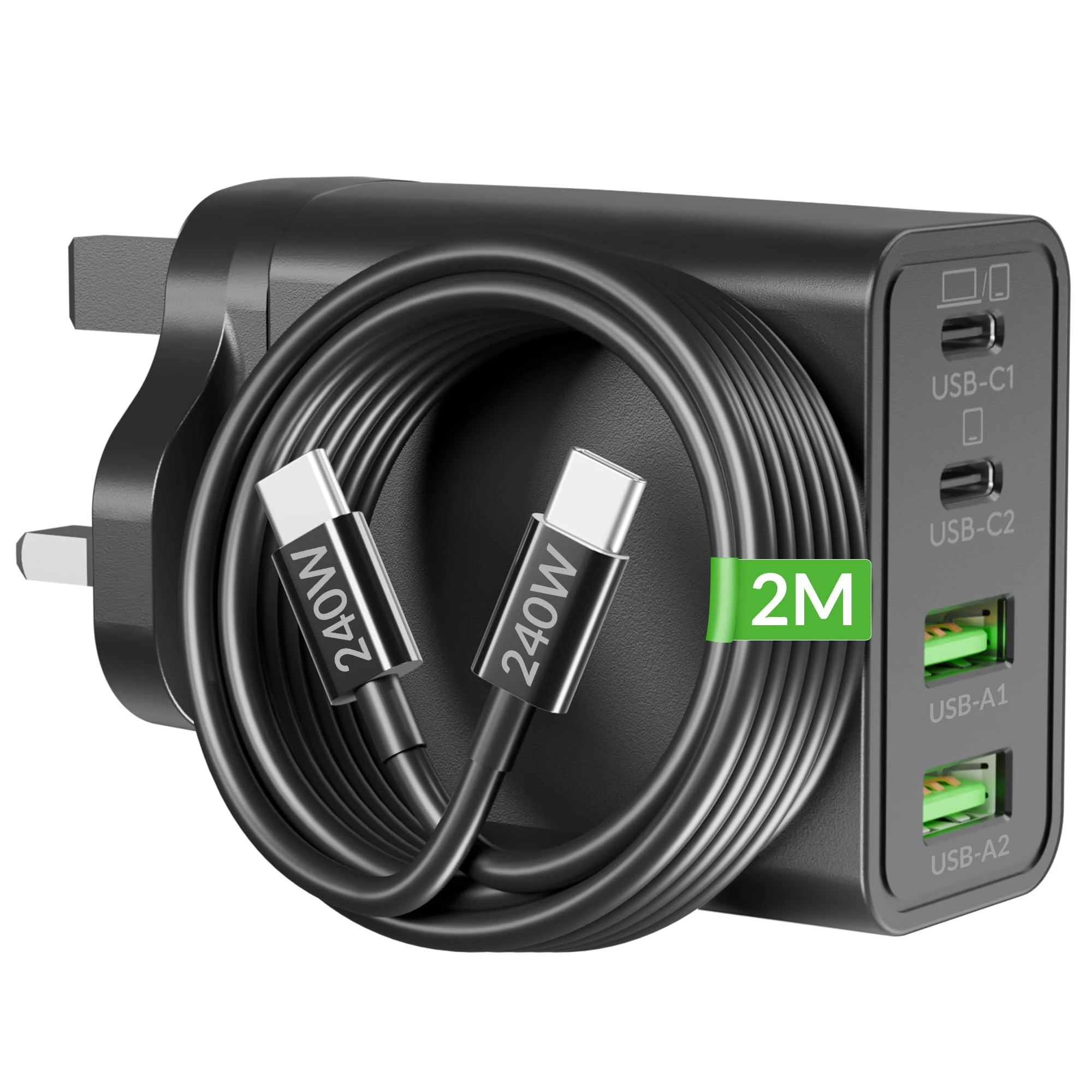 65W 4-Port USB C Charger, GaN PD/PPS Super Fast Charging Multi Wall Plug UK Laptop Charger + 240W 2M Type C Cable for MacBook Pro/Air, iPad, iPhone 17/16, Samsung S25 S24, Chromebook Thinkpad Dell HP