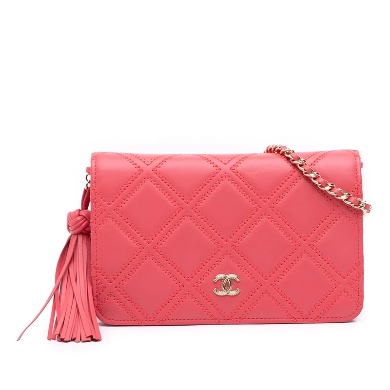 Chanel Pre-Loved CC Quilted Lambskin Double Stitch Tassel Wallet On Chain Handbag Crossbody Bag