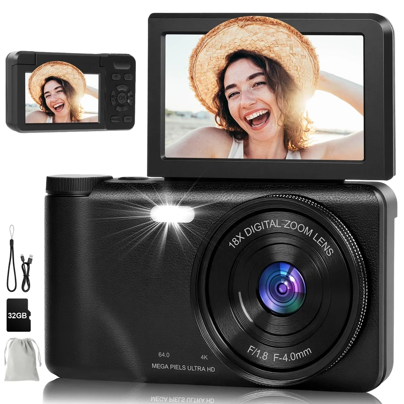 Digital Camera - 4K 64MP Compact Camera with 3 Inch 180° Flip Screen 32GB Memory Card 18X Digital Zoom Autofocus Vlogging Photo Cameras for Teenagers Beginners Adults
