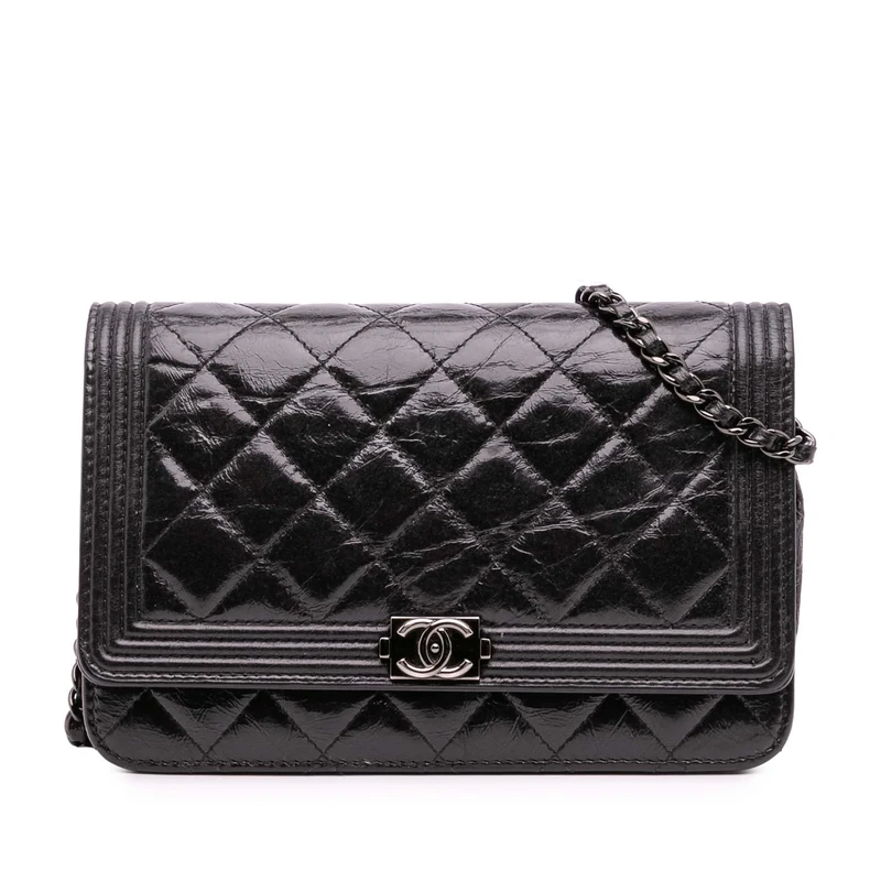 Chanel Pre-Loved Quilted Shiny Aged Calfskin Boy Wallet On Chain Handbag