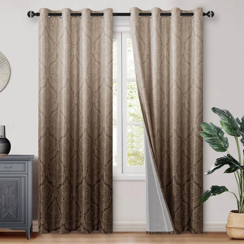 DWCN 100% Blackout Curtains for Bedroom 102 Inch Long - Damask Patterned Ombre Thermal Insulated Energy Saving Grommet Drapes for Living Room, Gradient Window Curtain 2 Panels, 52 x 102 Length, Brown