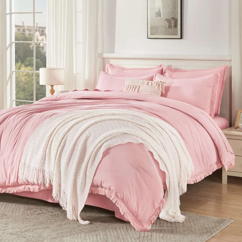 Andency King Comforter Set, 7 Pieces Light Pink Bedding