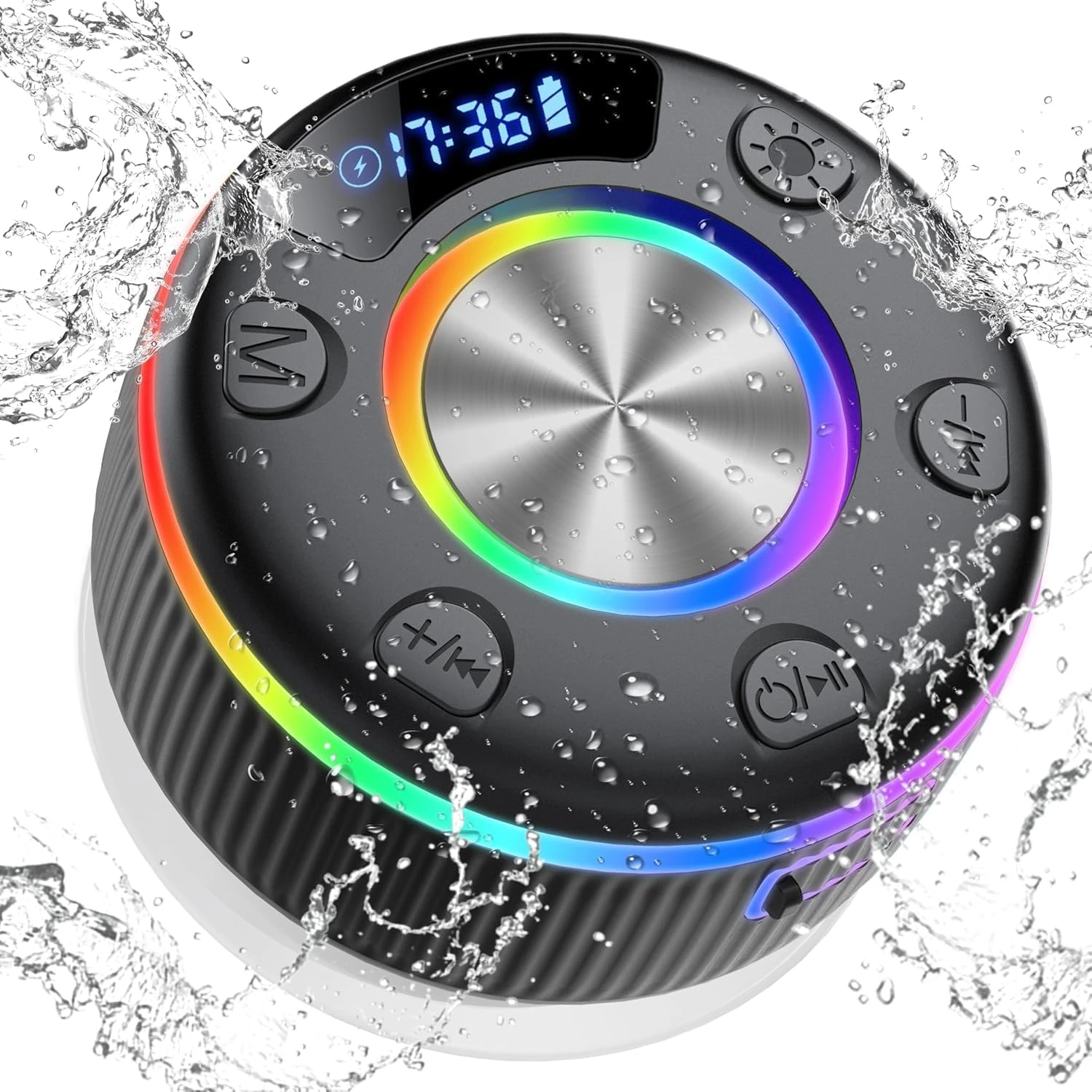 Bluetooth Shower Speaker, 2025 Portable Speaker with Suction Cup, IP7 Waterproof Speakers with 360° Stereo Bass, 8H Playtime, Time Display, RGB Lights, Bulit-in Mic, Time Display for Bathroom, Travel