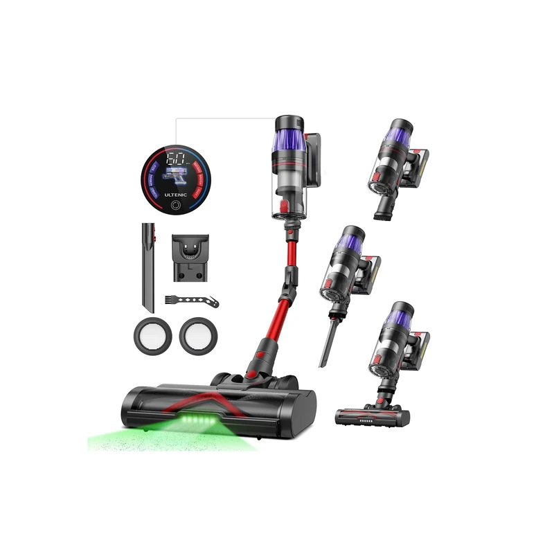 Ultenic Cordless Vacuum Cleaner 50KPa/60 Mins with Bendable Wand, Rechargeable Stick Vacuum, Time Countdown Touchscreen, Tangle-Free Brush, GreenEye Headlight for All Floors, Carpet & Pet Hair