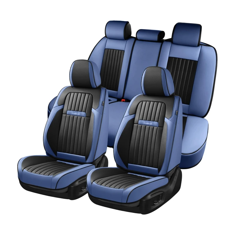 Coverado Car Seat Covers Full Set, Car Seat Cushion Car Seat Protector, Nappa Leather Seat Covers for Cars, Front and Back Seat Protectors Cushions Universal Fit for Most Cars Vehicles(Blue&Black)