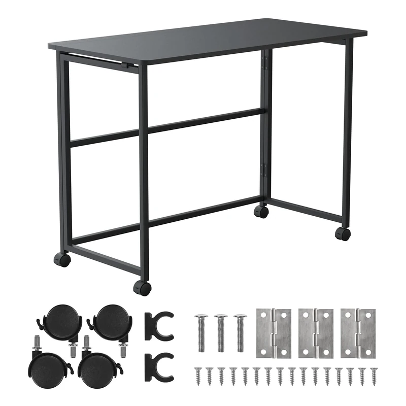 Maclean MC-1250 B folding desk with castors, top 100 x 50 cm, load capacity 50 kg, quick folding, height 75 cm, compact mobile table in black for computer, teleworking, studying, home side