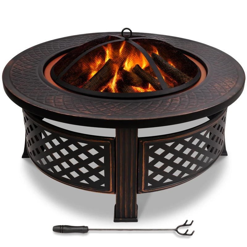 VOUNOT 81 cm Diameter Metal Garden Fire Pit with Lid, Several Sparks and Poker, Round Outdoor Fire Pit for Heating, Camping, Balcony and Terrace, Black