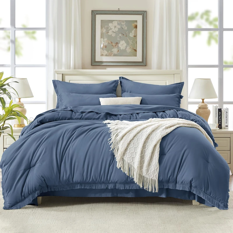 Andency Queen Comforter Set, 7 Pieces Bluish Grey Bedding