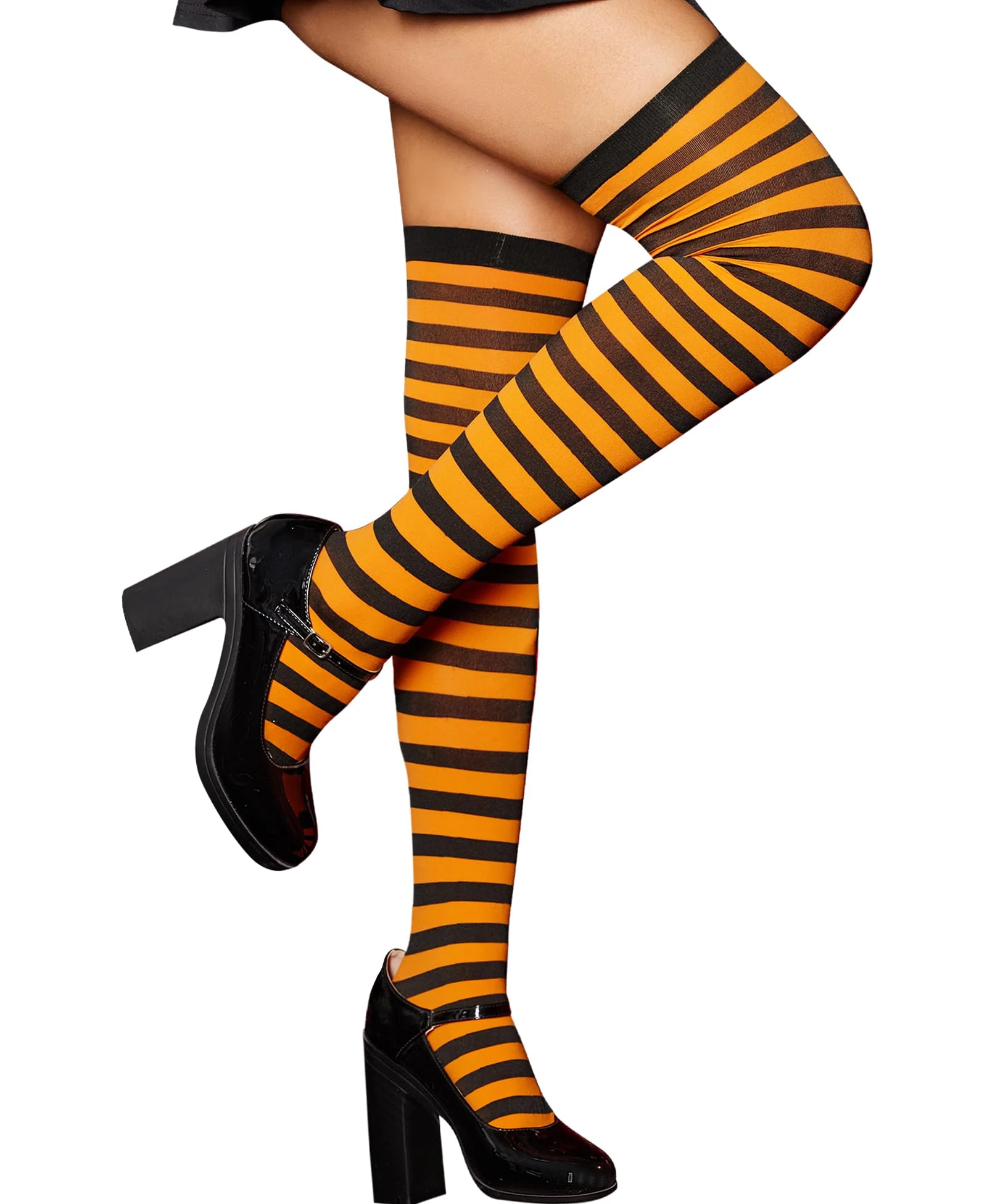 RSLOVE Women Striped Hold-up Stockings - Thigh High Socks Over Knee Halloween Tights Black Orange
