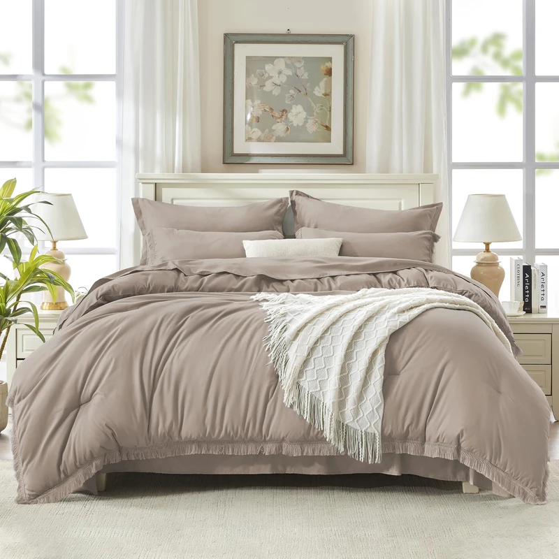 Andency California King Comforter Set, 7 Pieces Khaki Bedding