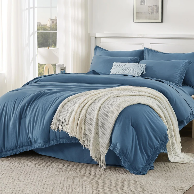 Andency Queen Comforter Set, 7 Pieces Sea Blue Bedding