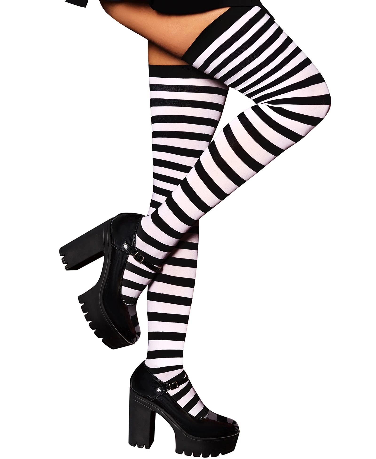 RSLOVE Women Striped Hold-up Stockings - Thigh High Socks Over Knee Halloween Tights Black White