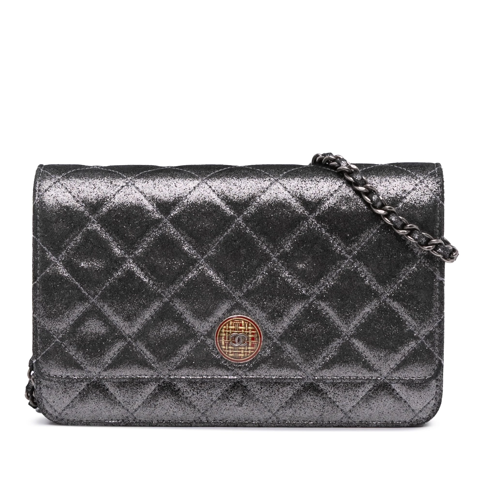 Chanel Pre-Loved Quilted Iridescent Lambskin Tartan Button Wallet On Chain Handbag Crossbody Bag