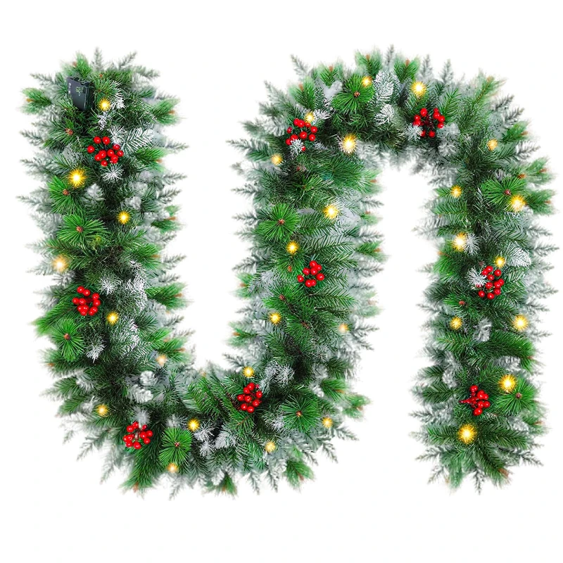 Christmas Garland with Lights, Pre-lit 9.1FT Battery Operated Pine Garland with 30 LED Lights, Red Berries, Artificial Flocked Garland Christmas Decorations for Indoor and Outdoor Holiday Decorations