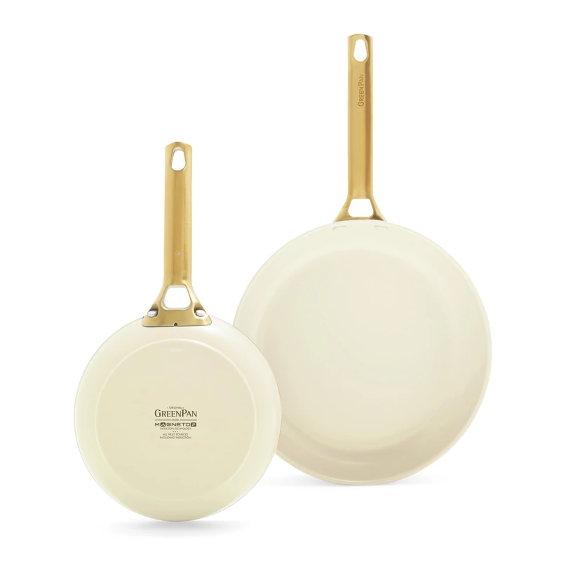 GreenPan Reserve Hard Anodised Healthy Ceramic Non-Stick Frying Pan Set with 20 and 26 cm Diameter, Gold Handle, PFAS-Free, Induction, Dishwasher Safe, Oven Safe, Mother's Day Gift, Cream White