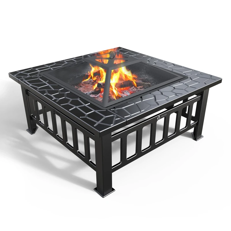 VOUNOT® Fire Pit Table with Grate Shelf, 3 in 1 Square Firepit for Heater, Ice Pit, Camping Metal Brazier for Garden Patio Outdoor, with Waterproof Cover