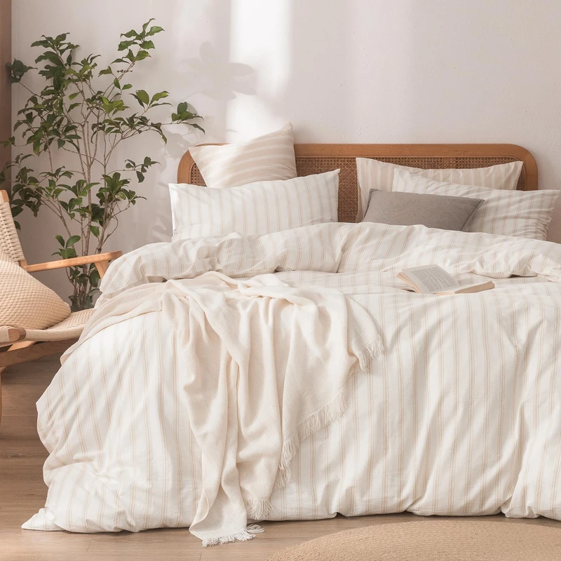 BESTOUCH Duvet Cover Set 100% Washed Cotton Linen Feel Super Soft Comfortable Chic Lightweight 3 PCs Home Bedding Set White & Almond Grey Stripes King