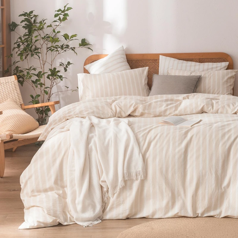 BESTOUCH Cotton Striped Duvet Cover Set Linen Feel Almond Grey/White Queen