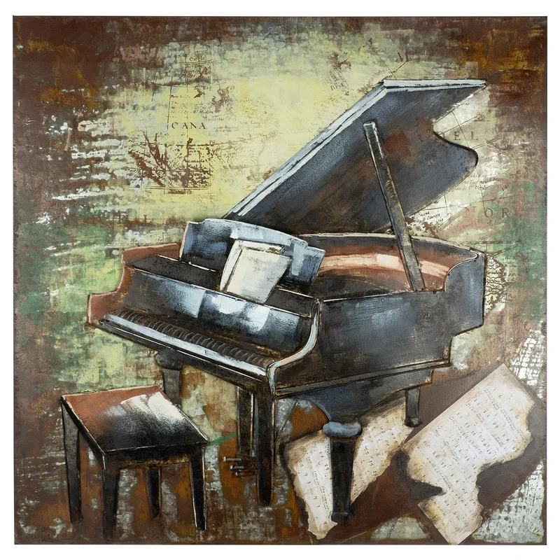 Casablanca Grand Piano Picture - Square - Metal - Textured - Black - Height 100 cm x Width 100 cm - Wall Decoration - Image 1