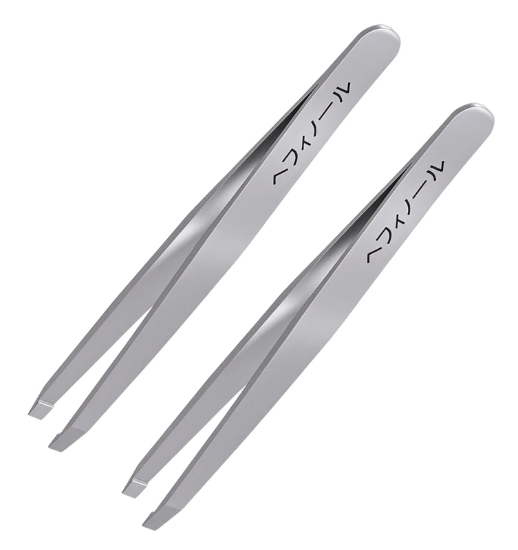 2Pcs Eyebrow Tweezers, Slant Eyebrow Pluckers for Women and Men, Stainless Steel Facial Hair Removal Plucker with Travel Case (Silver)