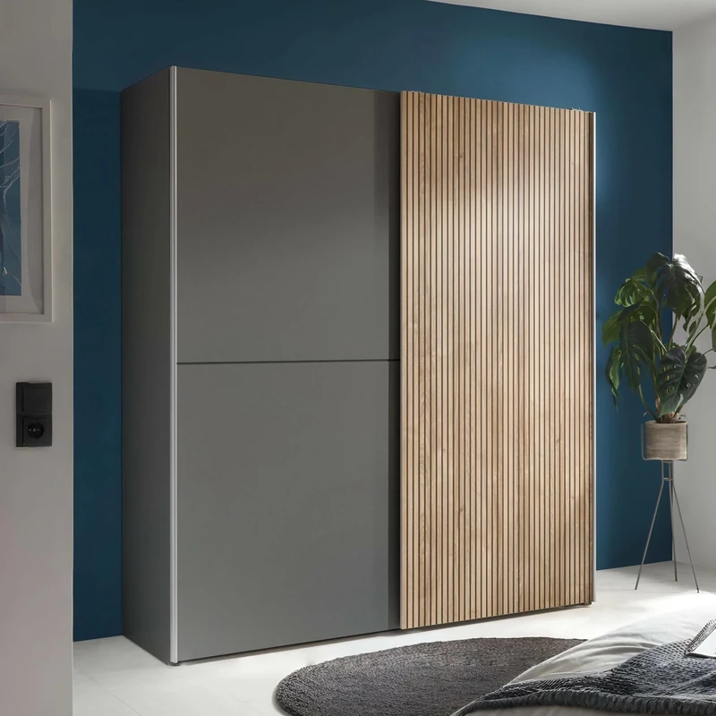 Julian Bowen Berno Light Oak and Dark Grey Sliding 2 Door Wardrobe