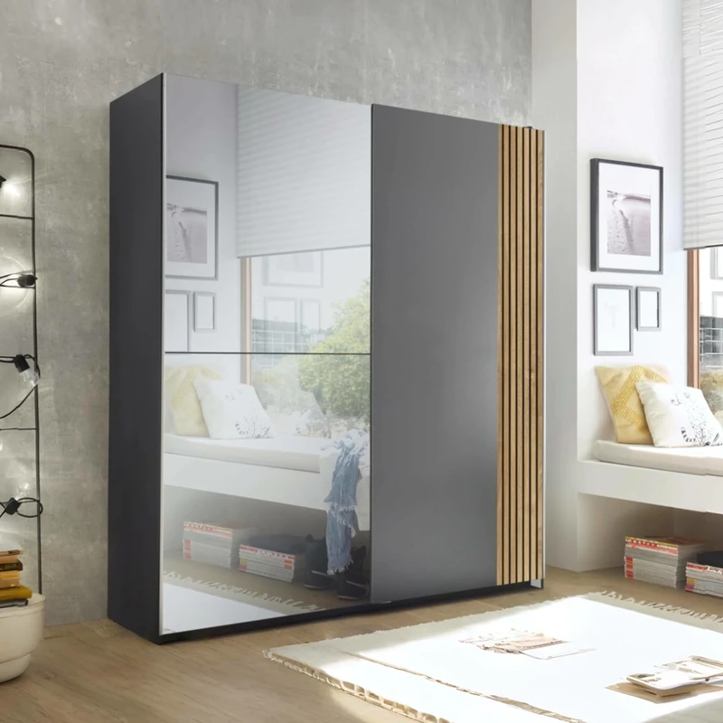 Julian Bowen Berno Light Oak and Dark Grey Sliding 2 Door Wardrobe With Mirror