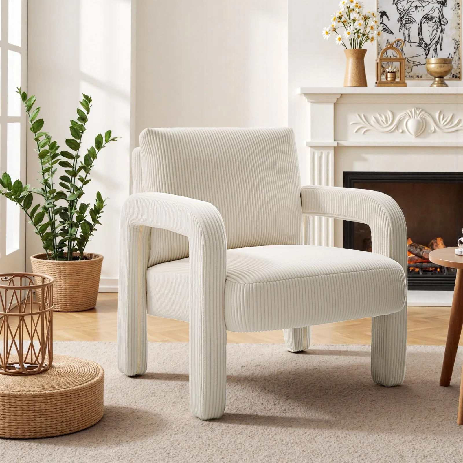 Bekrvio Cream Corduroy Tub Chair, 68cm Wide Accent Armchair with U-Shaped Arms & Thick Cushions, Upholstered Lounge Chair for Living Room, Bedroom or Office