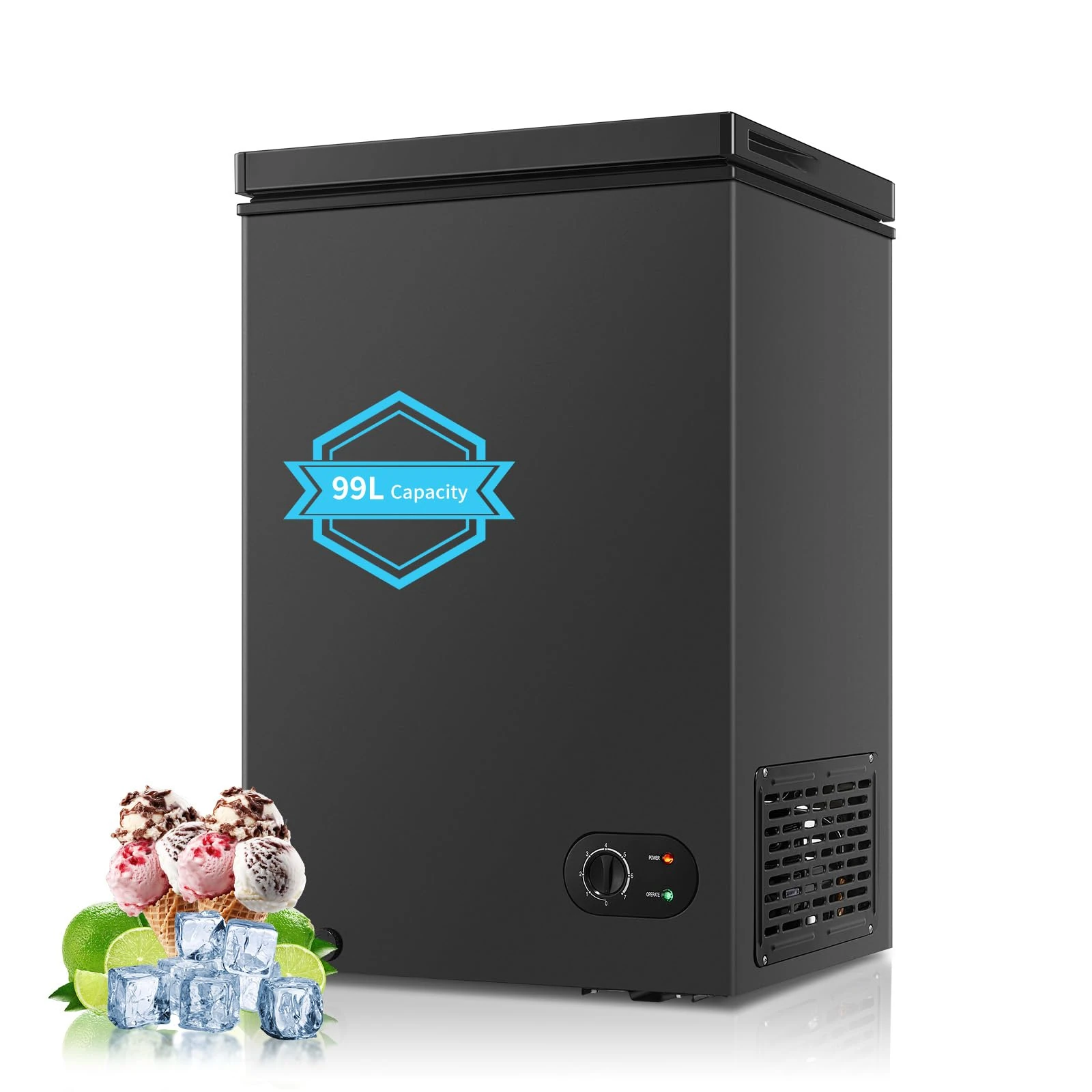Freestanding Chest Freezer 99 Litre Capacity, Adjustable Feet & 7- Level Temperature Controls, Ideal for Kitchens, Outbuildings & Garages, 4 Star Freezer Rating, New Black