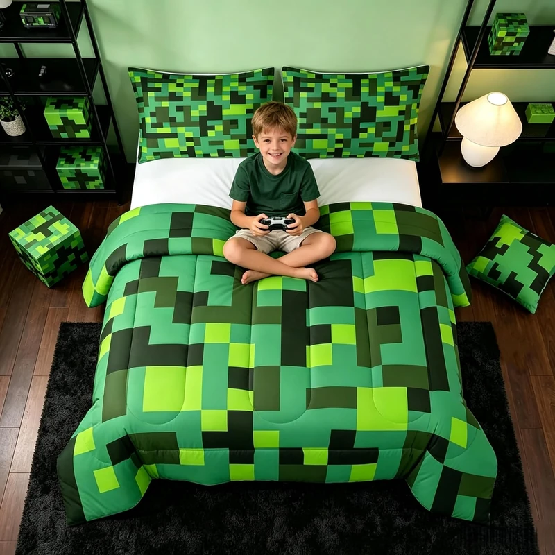 Pixel Grid Miners Kids Comforter Set Queen Size,Geometric Grid Patchwork Pixelated Bedding Set,Boys Room Decor,Gamepad Video Games Quilt Comforter,Cyan Green Duvet Set Bedroom Quilt Set,2 Pillowcases