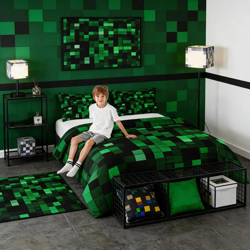 Pixelated Miners Gamer Kids Bedding Set Queen Size,Geometric Check Video Games Comforter Set，Gamepad Camo Grid Quilt Comforter,Black Green Bedroom Duvet Insert,2 Pillowcases
