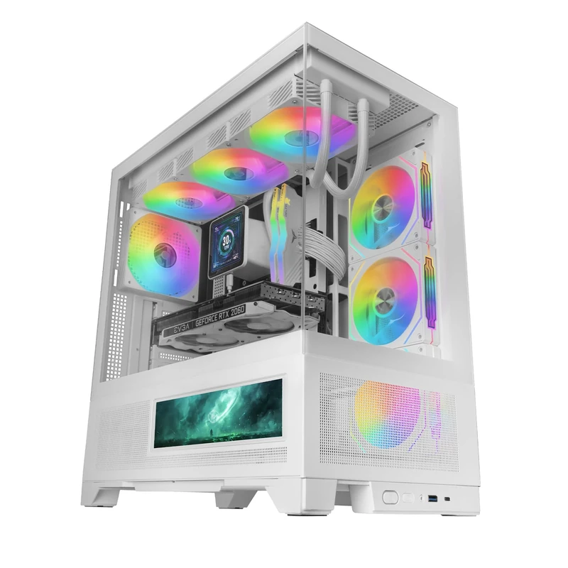 Mars Gaming MC-LCDX, Gaming Case ATX, Integrated IPS Screen 9.16" and HDMI Connection, Continuous Tempered Glass, Bottom Full Mesh Panel, Dual Chamber, Liquid Cooling Support up to 360mm, White