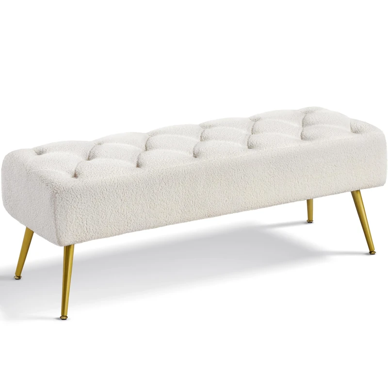 Yaheetech Modern Ottoman Footstool Bench Upholstered Button-Tufted Footrest Stool with Gold Metal Legs for Living Room, Bedroom, Entryway, Window, Ivory