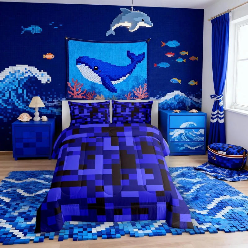 Manfei Pixelated Blocks Kids Bedding Set King Size,Army Camouflage Miners Gamer Comforter Set，Geometric Grid Patchwork Quilt Comforter,Black Dark Blue Bedroom Duvet Insert,2 Pillowcases