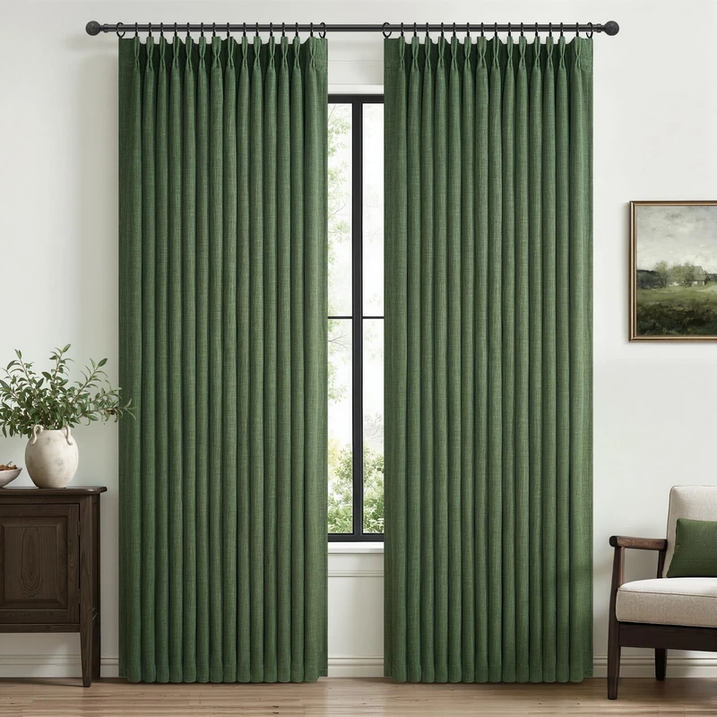 Blackout Dark Green Viral Curtains 90 Inches Long for Bedroom 2 Panels Set, Memory Trained Pinch Pleated Double Layer Thick Linen Thermal Noise Reducing Country Privacy Drapes 40" W x 90" L Loden