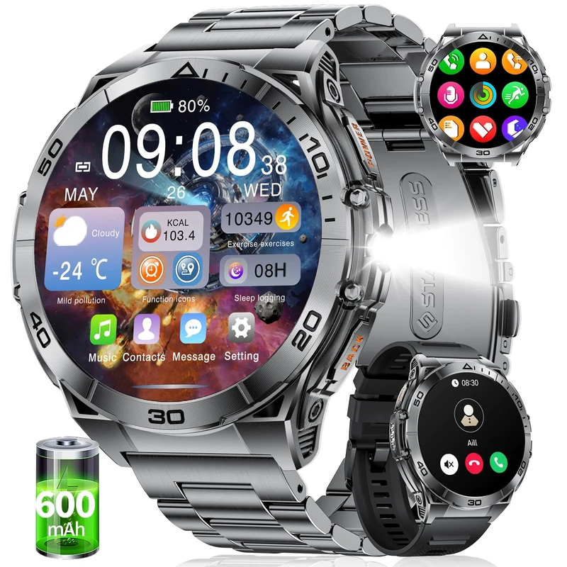 HIRREO Smart Watch Men Bluetooth Answer Make Calls 600 mAh Big Battery 1.6" HD AMOLED Round Male Smartwatch for iOS Android Black Steel Flashlight,Heart Rate/Sleep/SpO2 Monitor,100+ Sports Mode