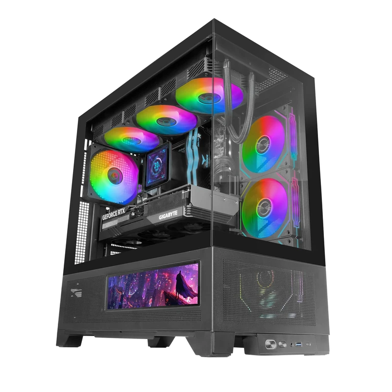 Mars Gaming MC-LCDX, Gaming Case ATX, Integrated IPS Screen 9.16" and HDMI Connection, Continuous Tempered Glass, Bottom Full Mesh Panel, Dual Chamber, Liquid Cooling Support up to 360mm, Black