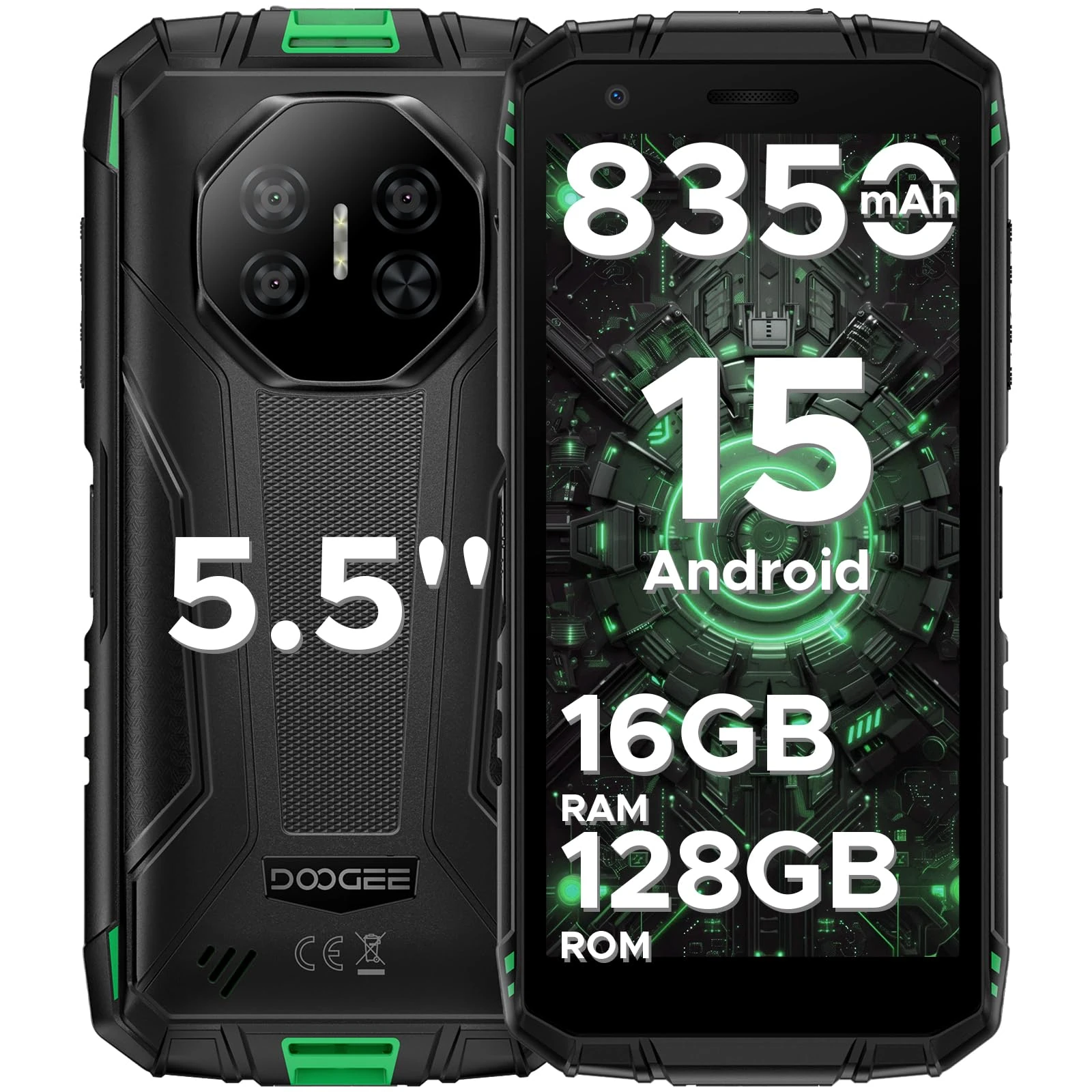 DOOGEE Fire 3 Pro Android 15 AI Rugged Smartphone, 16GB+128GB/2TB Octa-Core Rugged Phone, 8350mAh/18W, 5.5" HD+ IPS, 4G Dual Sim Mobile Phones, 16MP/Widevine L1/3.5mm Jack/Face ID/OTG/NFC, Green