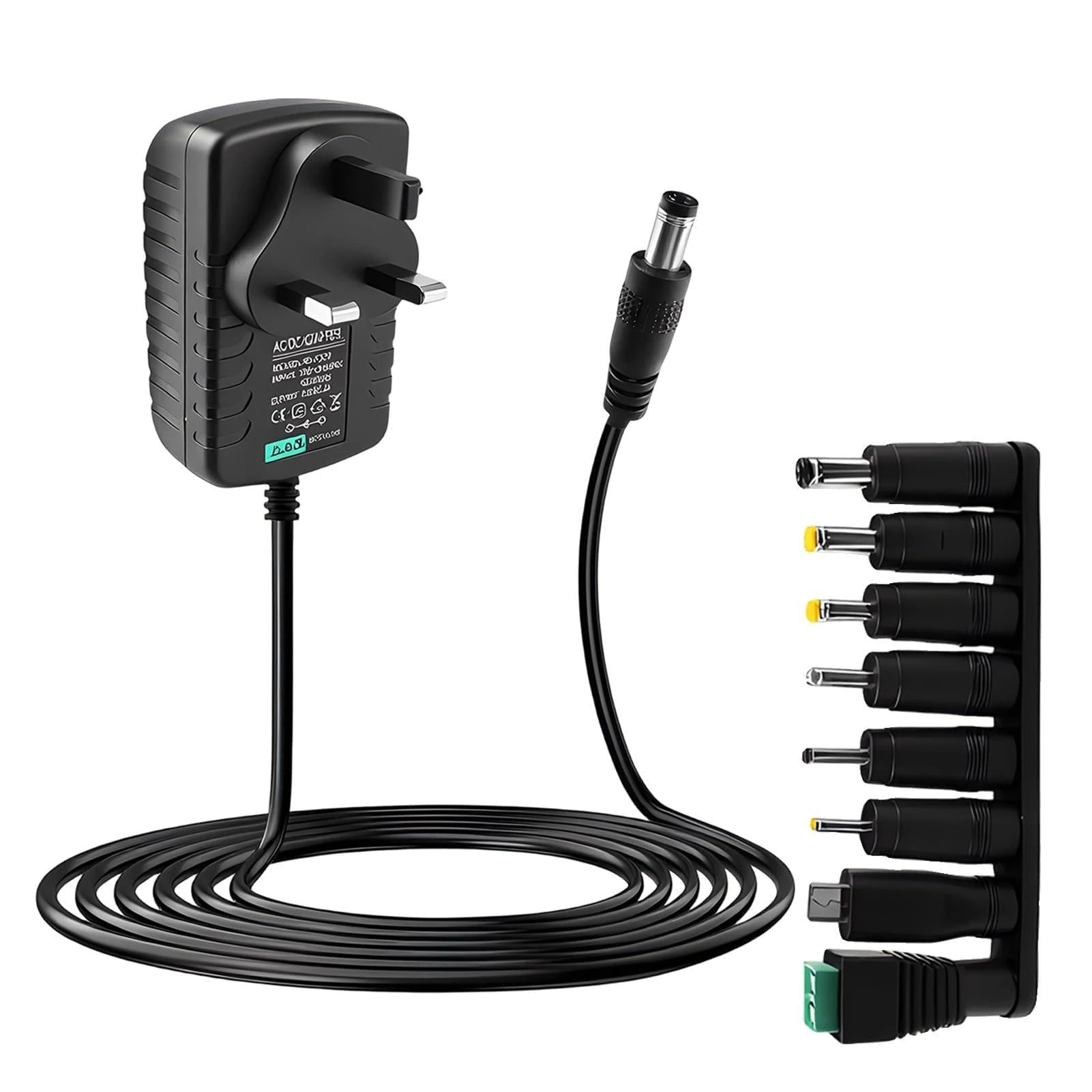 Universal Power Supply Cable Adapter UK 12V 3A 36W, AC to DC Multi Plug Charger with 8 Replacement Tips, 100-240V 50/60Hz 5.5x2.1mm Adapter Cord for LED Strips Router Laptop CCTV Baby Monitor