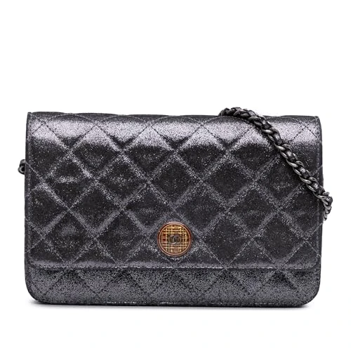 Chanel Pre-Loved Quilted Iridescent Lambskin Tartan Button Wallet On Chain Handbag Crossbody Bag