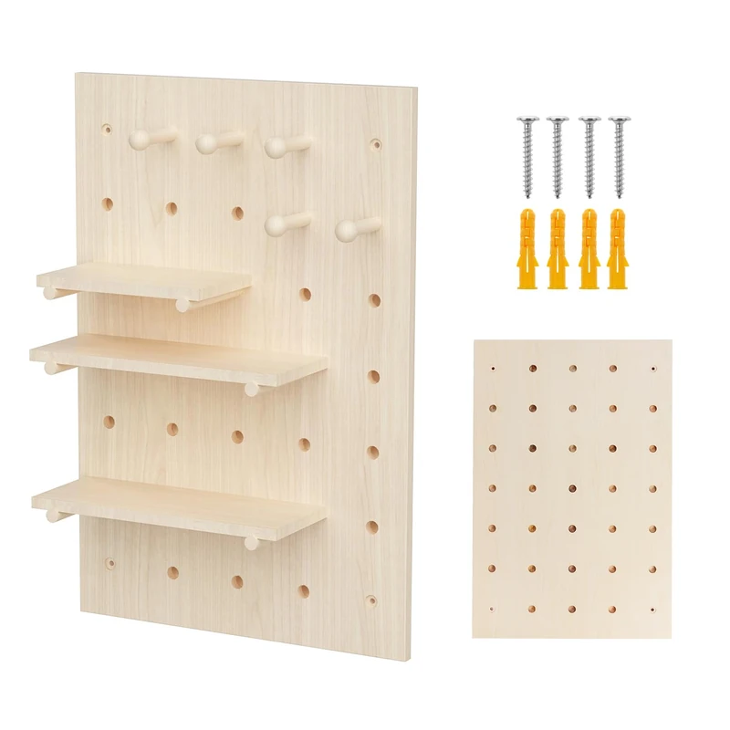 Maclean wall panel in light wood 40x60 or 60x80 cm with shelves and hooks, load capacity 20 kg, sturdy wall mounting for kitchen, office, workshop, decorative and functional storage space (40x60 cm) - Image 1