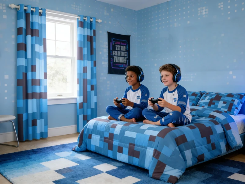 Pixel Grid Miners Kids Bedding Set Queen Size,Reversible Gamepad Video Games Comforter Set，Army Camo Geometric Quilt Comforter,Black Light Blue Bedroom Duvet Insert,2 Pillowcases