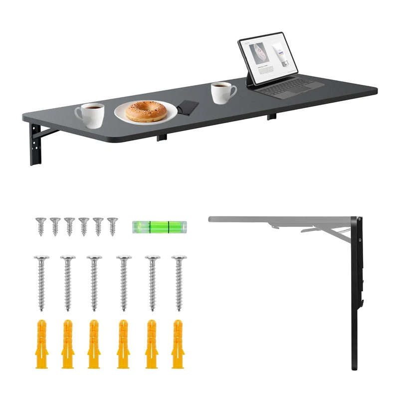 Maclean folding wall shelf load capacity 50 kg folding table with safety lock folding knob included level for kitchen bathroom (Black, 100x40cm)