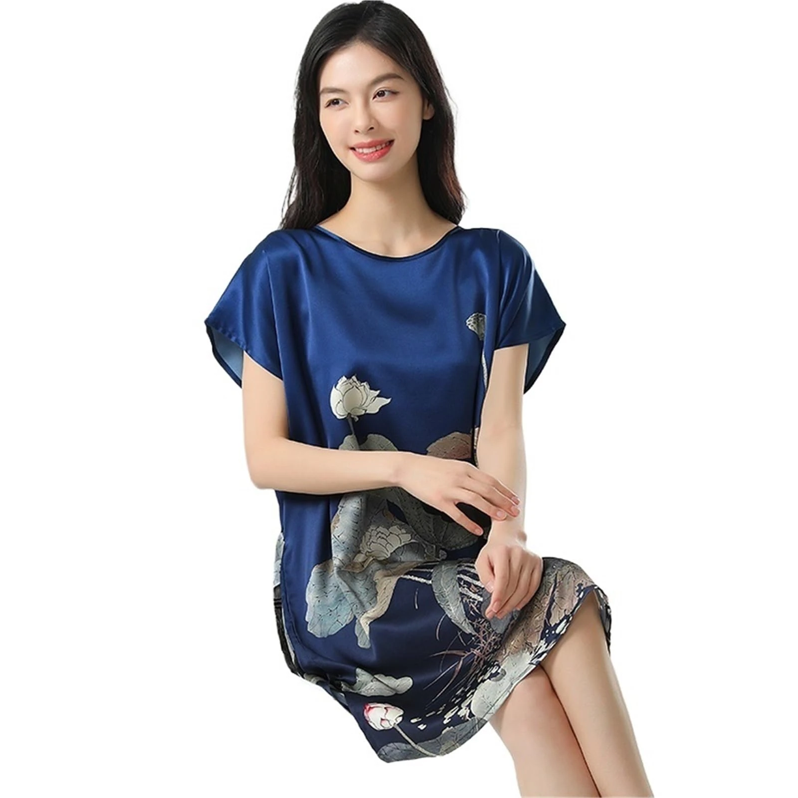 L6NqIAG 19MM Mulberry Imitated Silk Dress Pajamas Sleeping Home Nightwear Women's Loose Plus Size Short Sleeve Summer 40-80kg Silk Nightgown(Style 05)