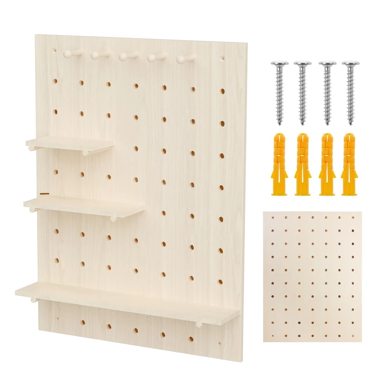 Maclean wall panel in light wood 40x60 or 60x80 cm with shelves and hooks, load capacity 20 kg, sturdy wall mounting for kitchen, office, workshop, decorative and functional storage space (60x80 cm) - Image 1