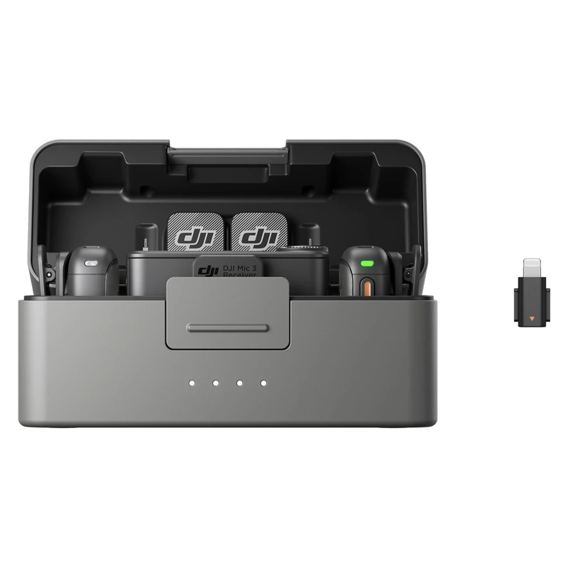 DJI Mic 3 (2 TX + 1 RX + Charging Case) + Lightning Adapter, Wireless Lavalier Mic for iPhone/Camera/Android, Adaptive Gain, Dual Band, 32-bit Float, 400m Transmission, 28hrs Use