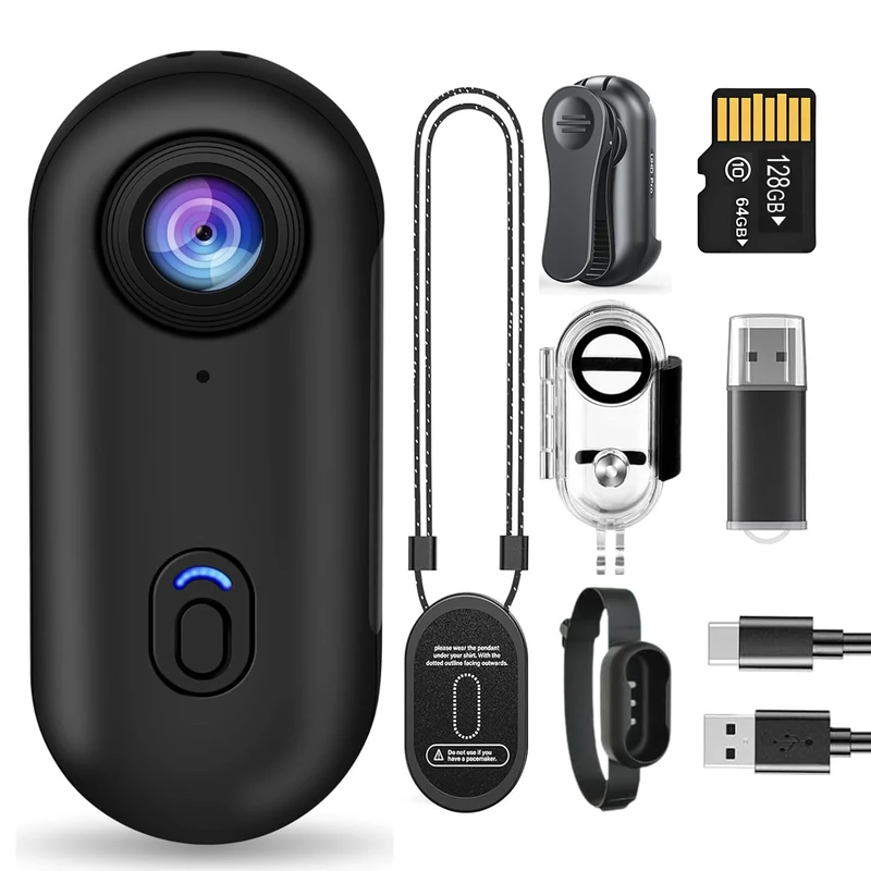 1.26 Oz 128G Tiny Action Camera with Magnetic Design and 360° Rotating Clip - 4K Underwater Camera, for Outdoor use Pov Camera - Waterproof up to 131 Feet, Battery 150 Minutes, with Accessory Kit