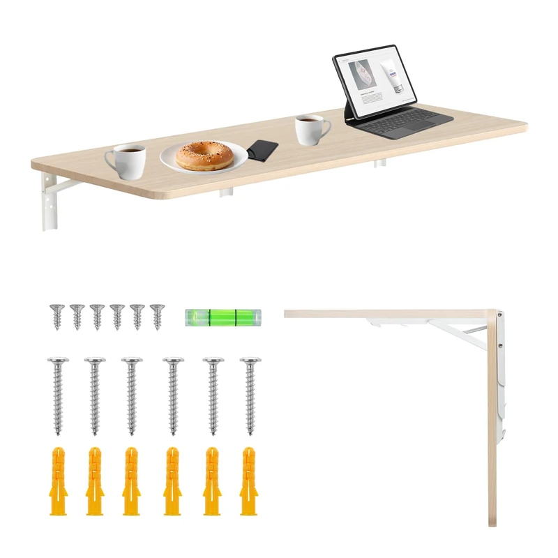 Maclean folding wall shelf load capacity 50 kg folding table with safety lock folding knob included level for kitchen bathroom (Light wood, 100x40cm) - Image 1