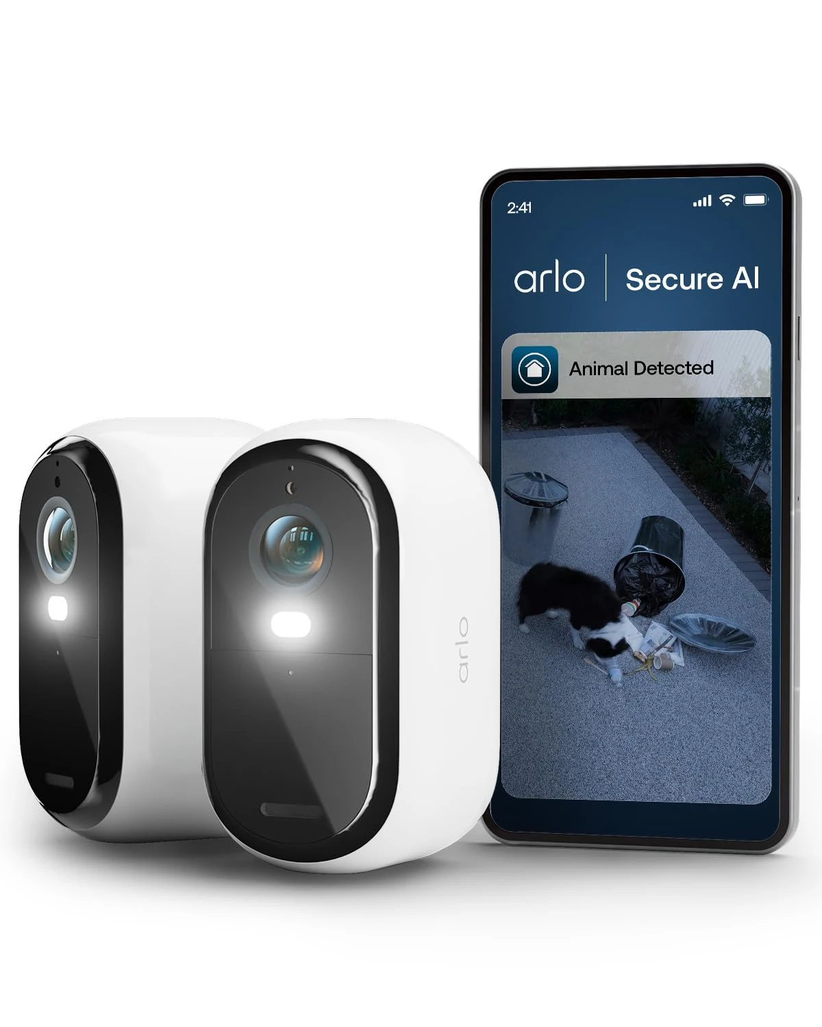 Arlo Essential 3 HD Video Security Camera Outdoor Wireless, Battery Operated Home Camera With Colour Night Vision, Light, Siren, 2 Way Audio & WiFi, Secure Free Trial, 2 Cameras, White