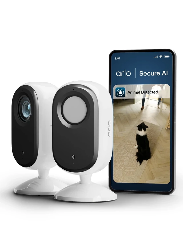 Arlo Essential 3 HD Security Camera Indoor, Wired Home Security Camera with Auto Privacy Lens Cover, Night Vision, Smart Siren, 2 Way Audio & WiFi, Arlo Secure Trial Included, 2 Cameras, White